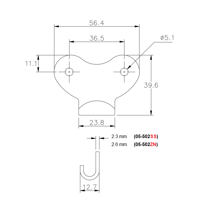 Catch plate, electro zinc plated steel, flat mounting, L=39,6mm, B=56,4mm, H=12,7mm
