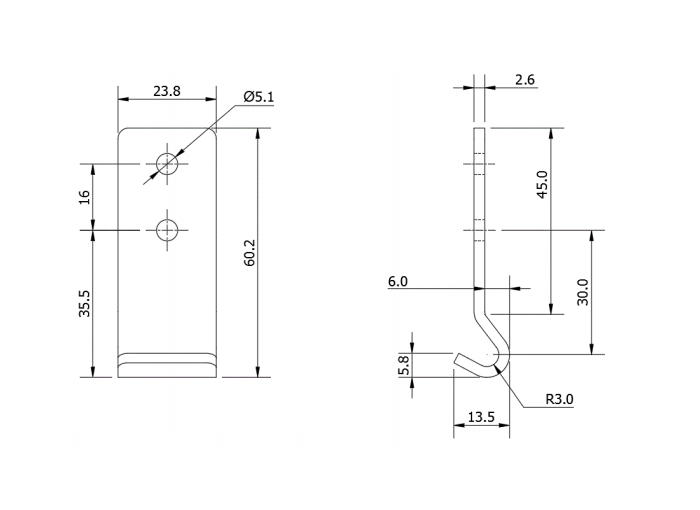 Catch plate, electro zinc plated steel, angle mounting, L=60,2mm, B=23,8mm, H=13,5mm