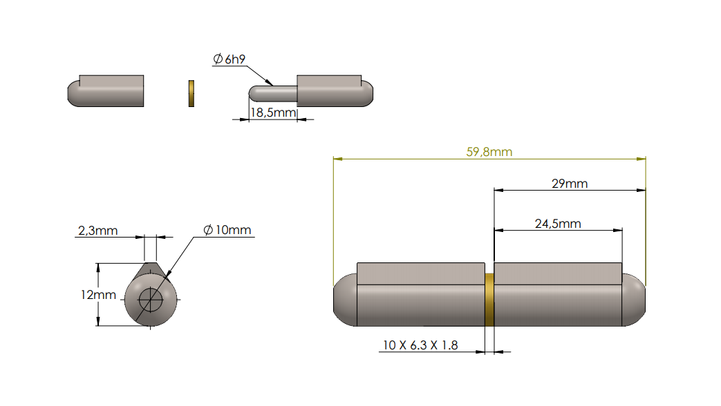 Weld hinge, steel, teardrop-shaped, w/o grease nipple, L=60, B=12