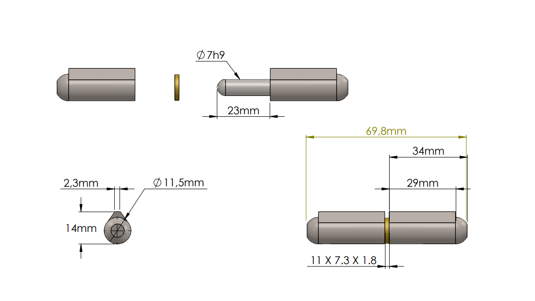 Weld hinge, steel, teardrop-shaped, w/o grease nipple, L=70, B=14