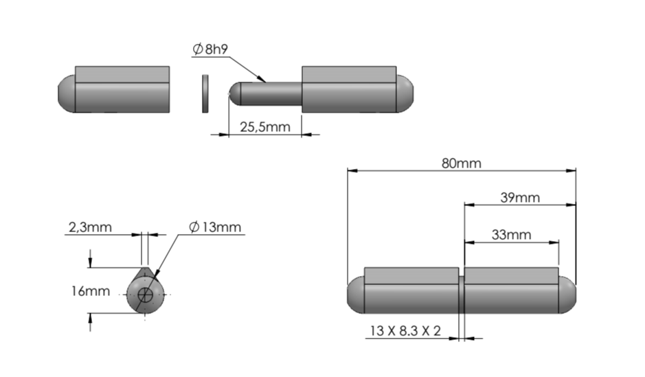 Weld hinge, steel, teardrop-shaped, w/o grease nipple, L=80, B=16