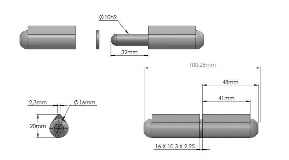 Weld hinge, steel, teardrop-shaped, w/o grease nipple, L=100, B=20