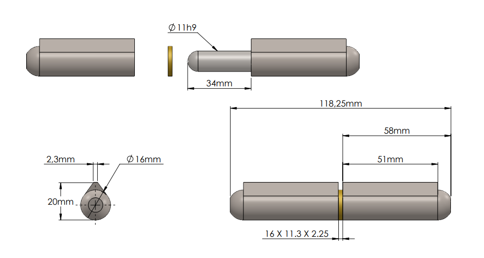 Weld hinge, steel, teardrop-shaped, w/o grease nipple, L=120, B=20