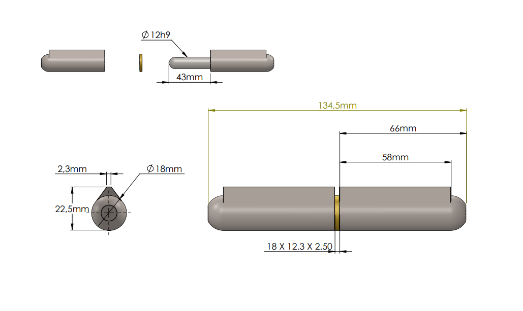 Weld hinge, steel, teardrop-shaped, w/o grease nipple, L=135, B=22,5
