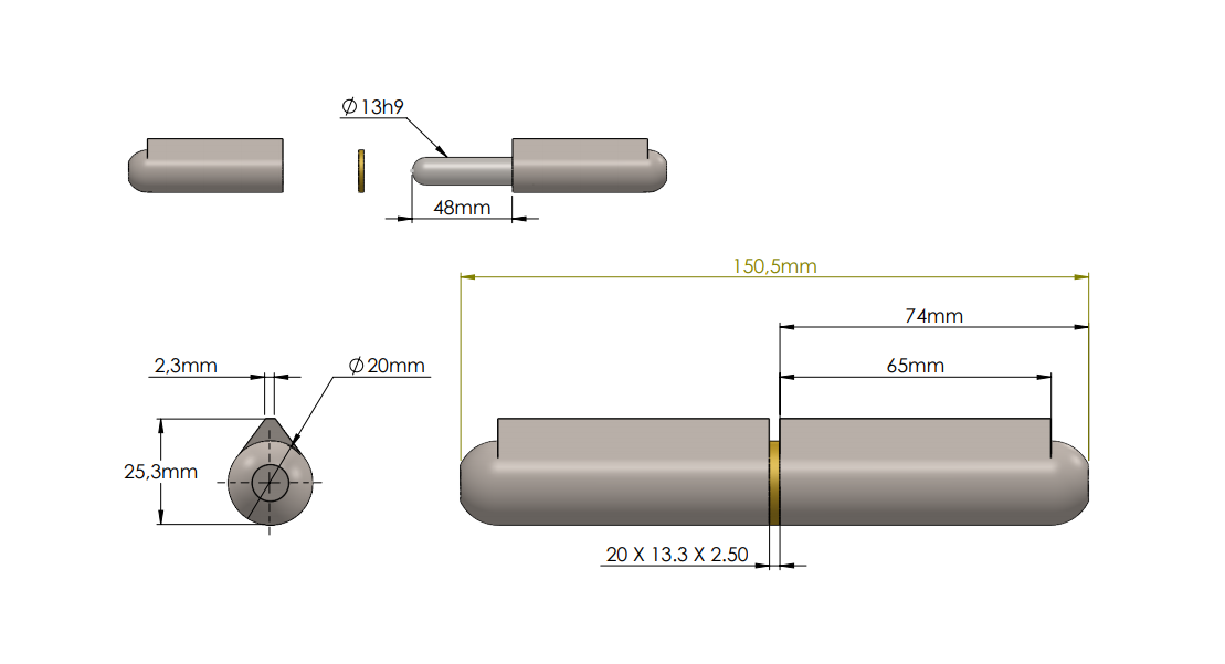 Weld hinge, steel, teardrop-shaped, w/o grease nipple, L=150, B=25,3