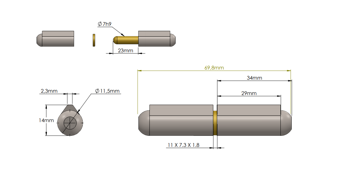 Weld hinge, steel, teardrop-shaped, w/o grease nipple, L=70, B=14