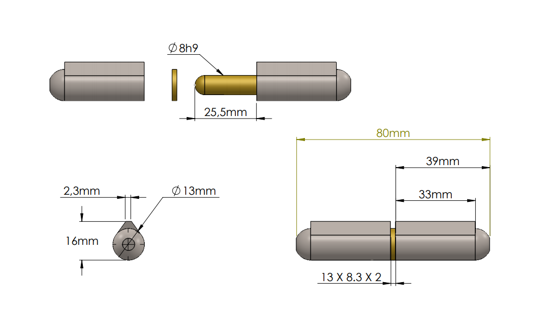 Weld hinge, steel, teardrop-shaped, w/o grease nipple, L=80, B=16