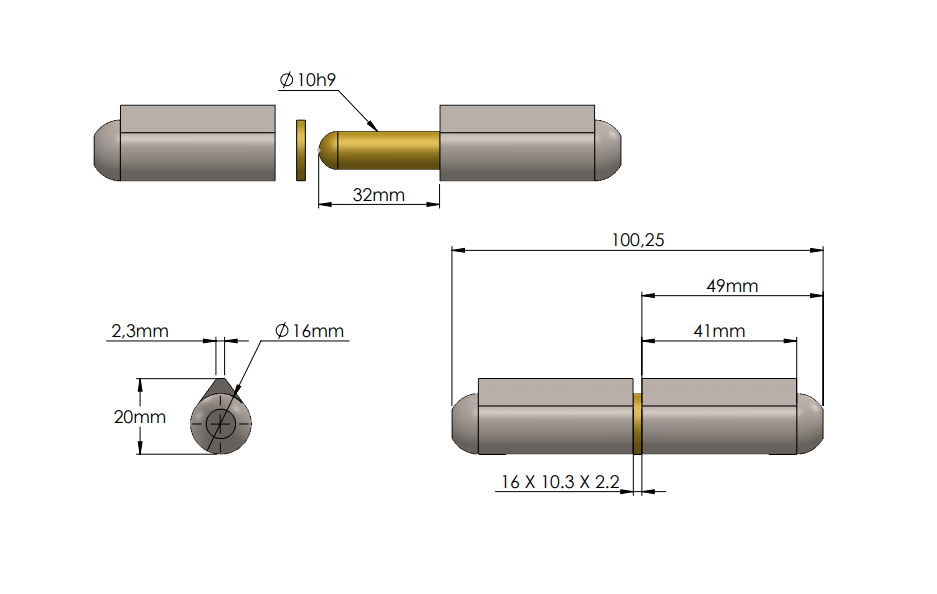 Weld hinge, steel, teardrop-shaped, w/o grease nipple, L=100, B=20