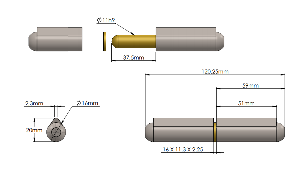 Weld hinge, steel, teardrop-shaped, w/o grease nipple, L=120, B=20