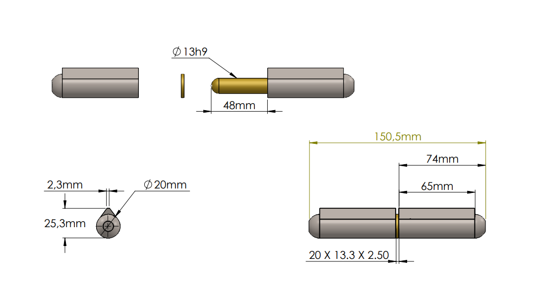 Weld hinge, steel, teardrop-shaped, w/o grease nipple, L=150, B=25,3