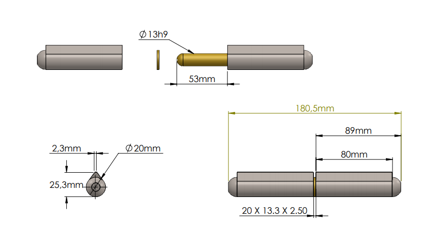 Weld hinge, steel, teardrop-shaped, w/o grease nipple, L=180, B=25,3
