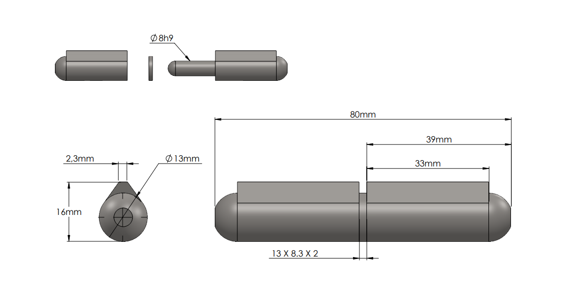 Weld hinge, stainless steel, teardrop-shaped, w/o grease nipple, L=80, B=16