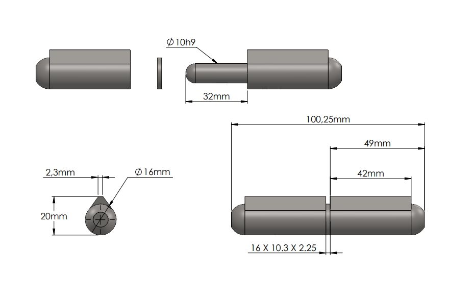 Weld hinge, stainless steel, teardrop-shaped, w/o grease nipple, L=100, B=20