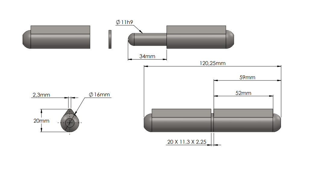 Weld hinge, stainless steel, teardrop-shaped, w/o grease nipple, L=120, B=20