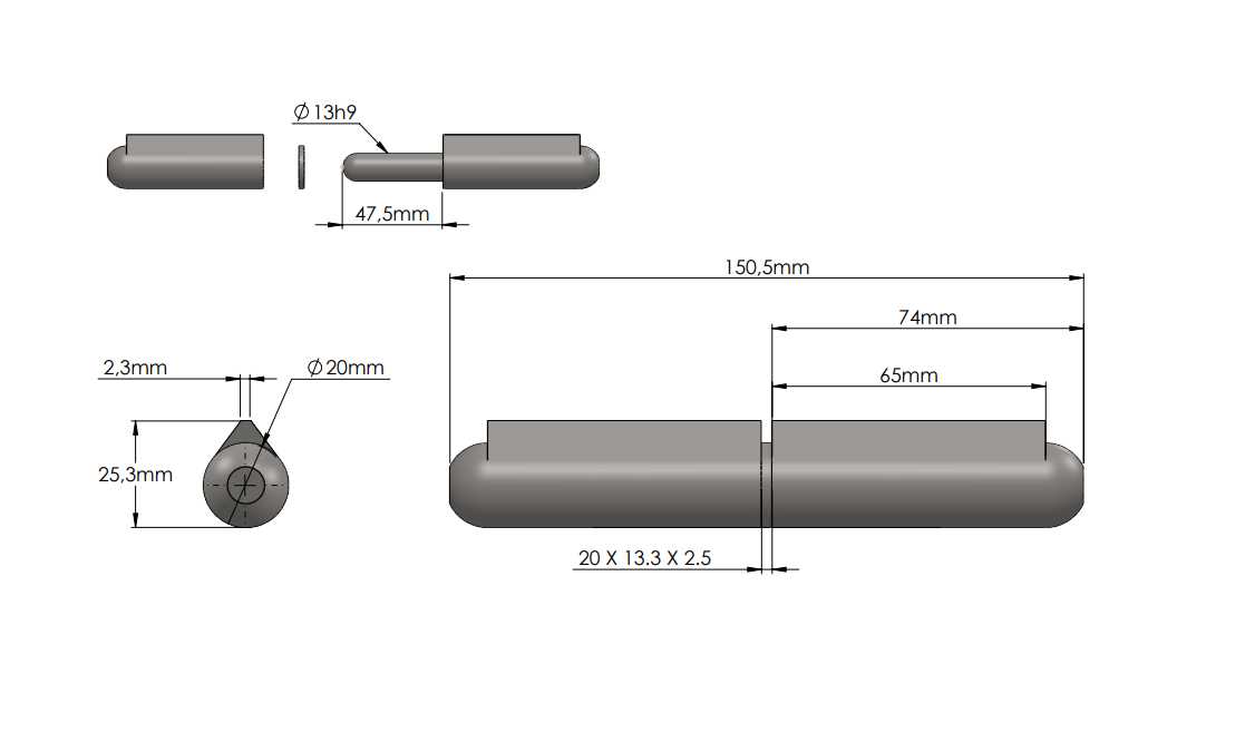 Weld hinge, stainless steel, teardrop-shaped, w/o grease nipple, L=150, B=25,3