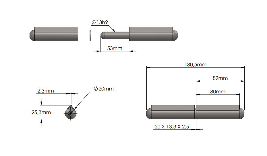 Weld hinge, stainless steel, teardrop-shaped, w/o grease nipple, L=180, B=25,3