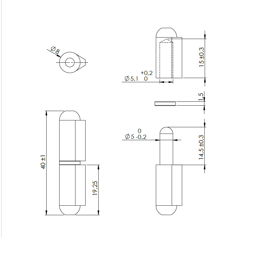 Weld hinge, acid proof steel, teardrop-shaped, w/o  grease nipple, L=40, B=10
