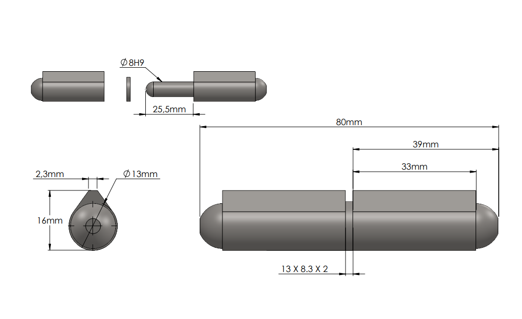 Weld hinge, acid proof steel, teardrop-shaped, w/o  grease nipple, L=80, B=16