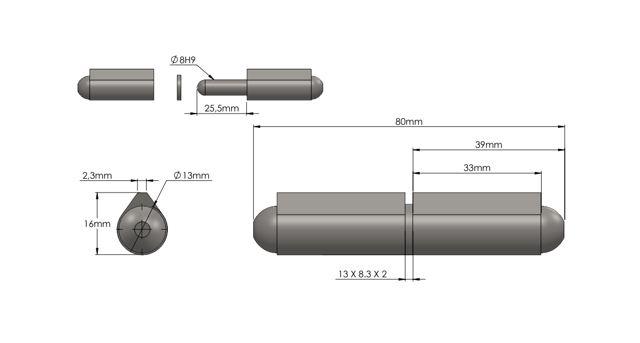 Weld hinge, acid proof steel, teardrop-shaped, w/o  grease nipple, with 3,1 certificate, L=80, B=16