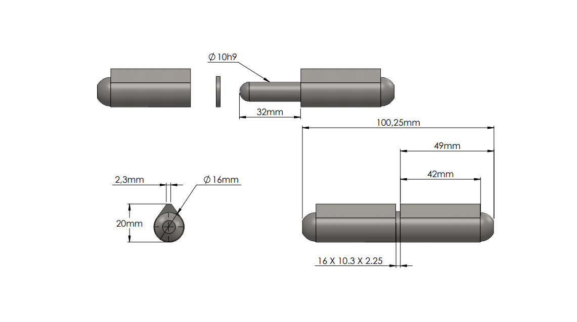 Weld hinge, acid proof steel, teardrop-shaped, w/o  grease nipple, L=100, B=20