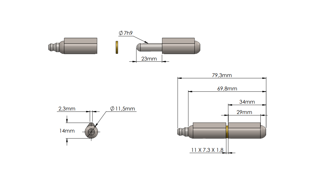 Weld hinge, steel, teardrop-shaped, w/ grease nipple, L=70, B=14