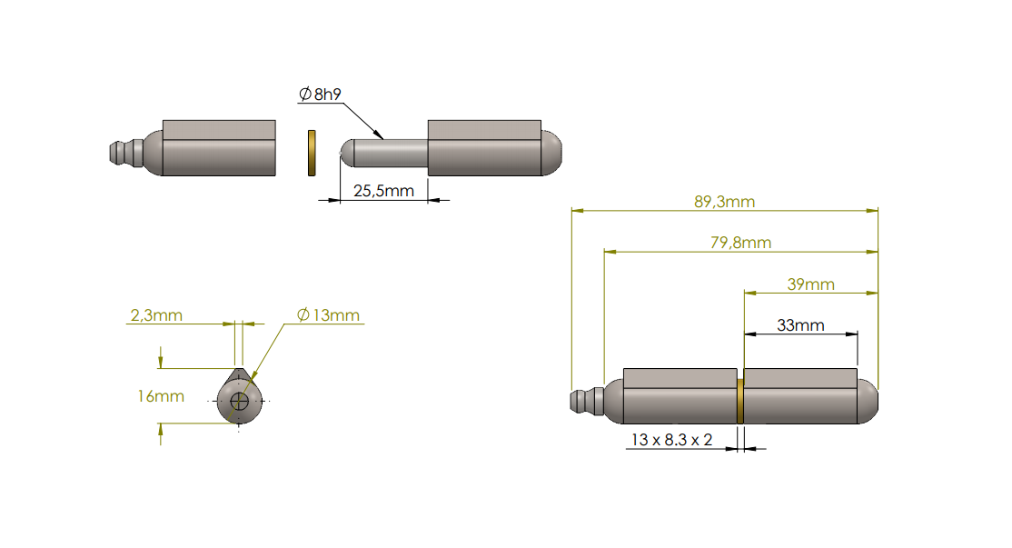 Weld hinge, steel, teardrop-shaped, w/grease nipple, L=80, B=16
