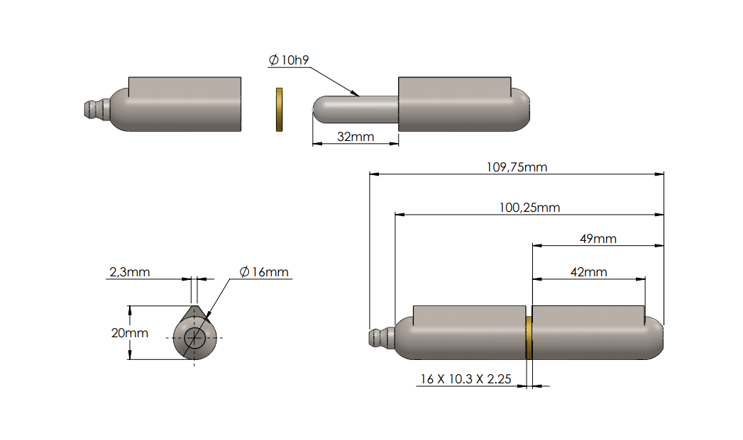 Weld hinge, steel, teardrop-shaped, w/grease nipple, L=100, B=20