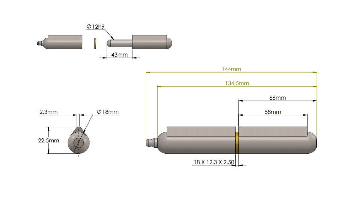 Weld hinge, steel, teardrop-shaped, w/grease nipple, L=135, B=22,5