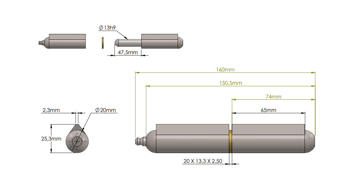 Weld hinge, steel, teardrop-shaped, w/grease nipple, L=150, B=25,3