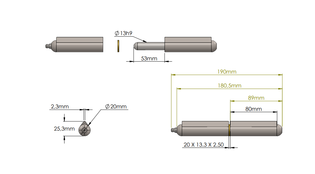 Weld hinge, steel, teardrop-shaped, w/grease nipple, L=180, B=25,3