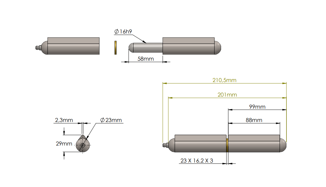 Weld hinge, steel, teardrop-shaped, w/grease nipple, L=200, B=29