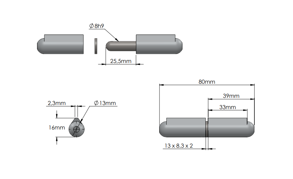 Weld hinge, aluminium, teardrop-shaped, w/o grease nipple, L=80, B=16
