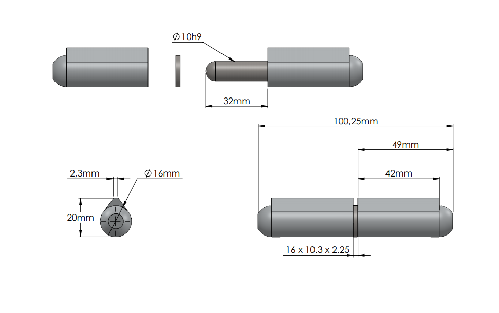 Weld hinge, aluminium, teardrop-shaped, w/o grease nipple, L=100, B=20