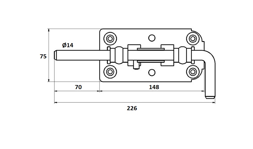Sliding bolt, steel, screw mounting, length=226, width=75