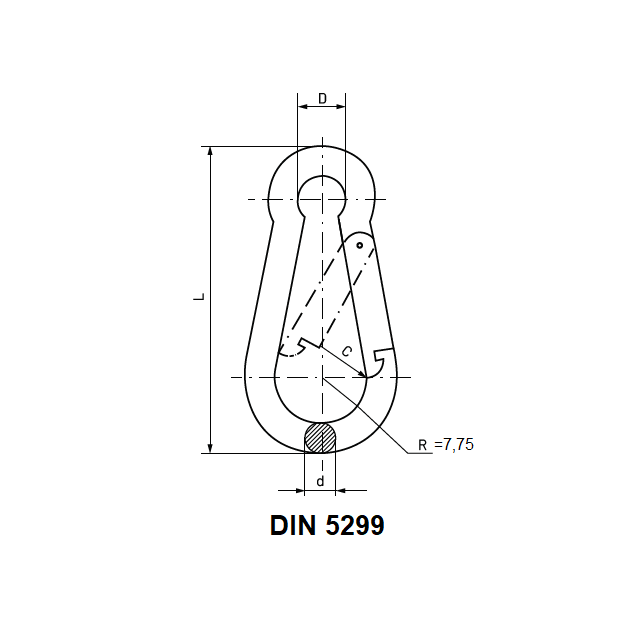 Snap hook, acid proof stainless steel, wire diameter=5mm, L=50mm