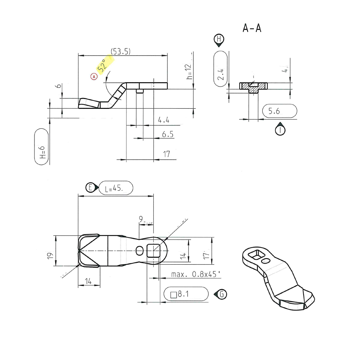 Cam, standard, steel, L=45, B=19, offset height=-12 mm.