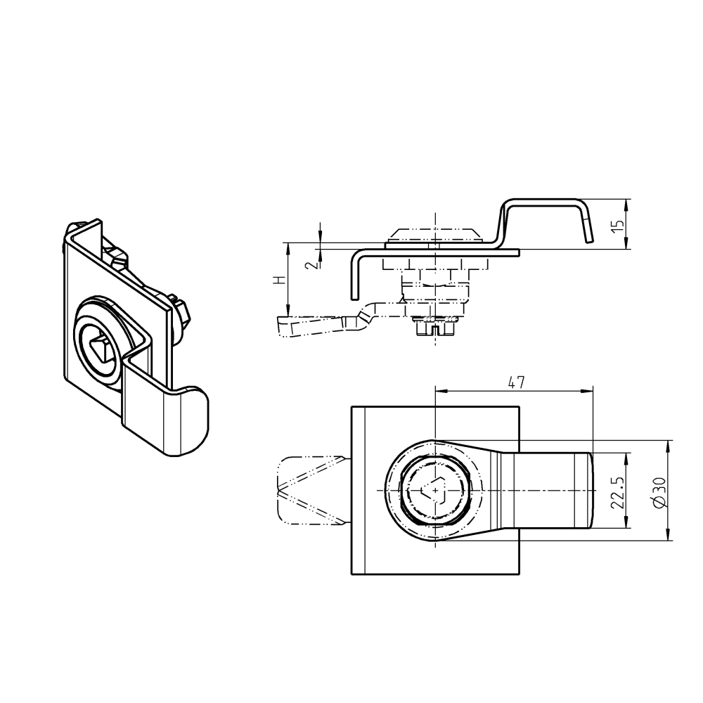 Finger pull, steel, L=47, H=15, offset=-2