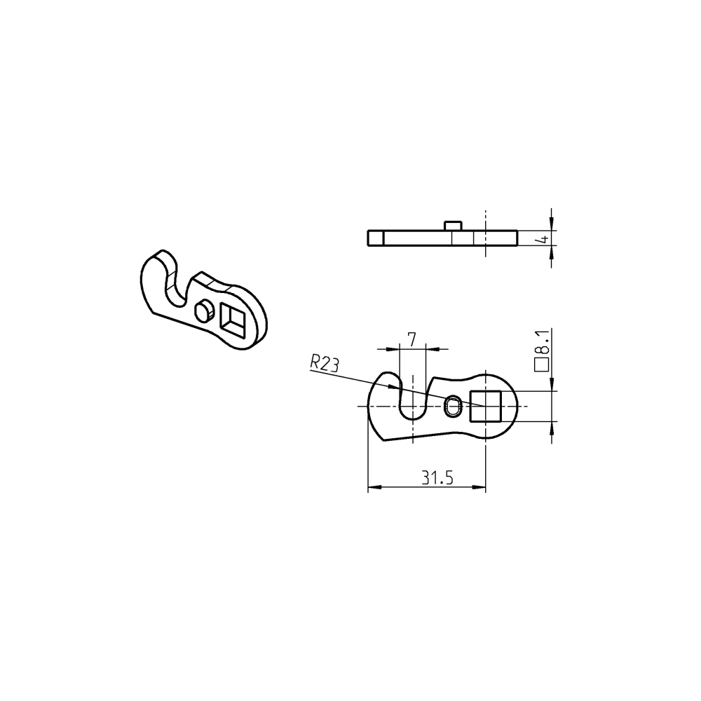 Cam, hook, steel, L=31,5, B=, offset height=0 mm.