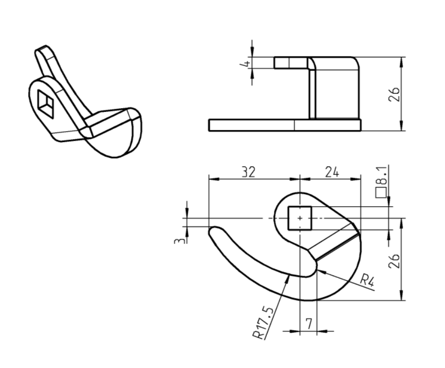 Cam, hook, steel, L=32, B=26, offset height=22 mm