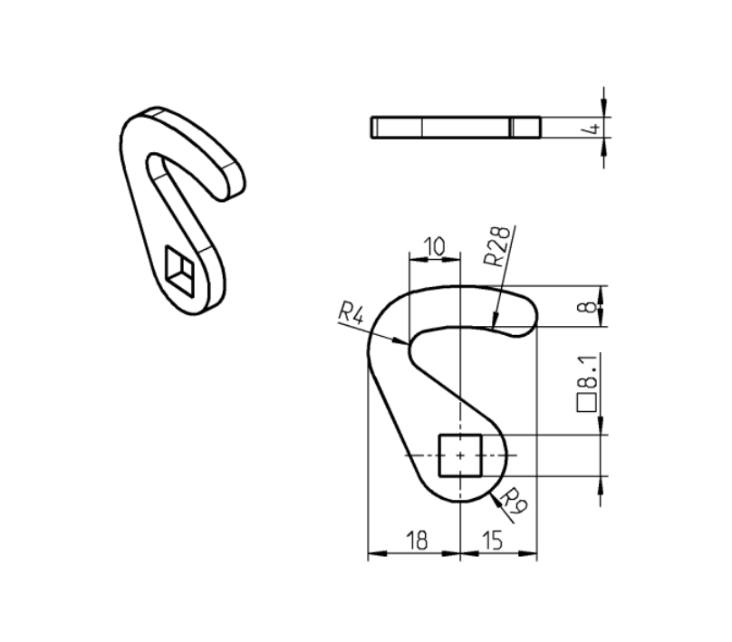 Cam, hook, steel, L=36, B=18, offset height=0 mm