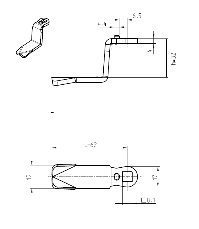 Cam, standard, steel, L=62, B=19, offset height=32 mm