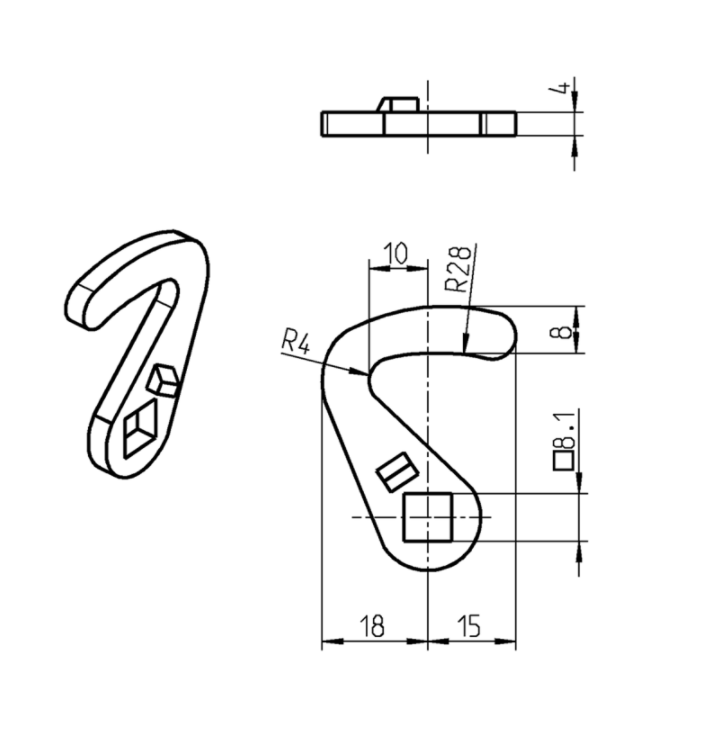 Cam, hook, steel, L=36, B=18, offset height=0 mm
