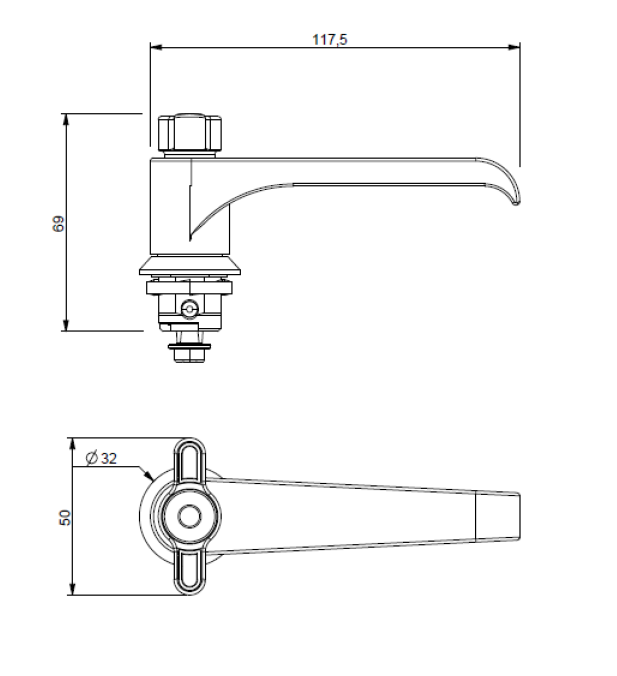 Housing with L-handle, safety wing handle, die-cast zinc, L=117,5mm, GH=18mm, plate thickness=1,5-8mm