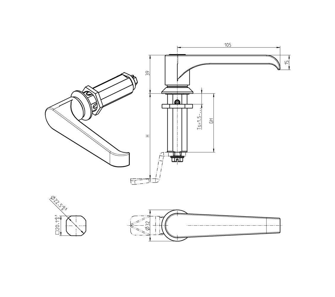 Housing with l-handle, non locking, die-cast zinc, L=105mm, GH=40mm, plate thickness=1,5-30mm
