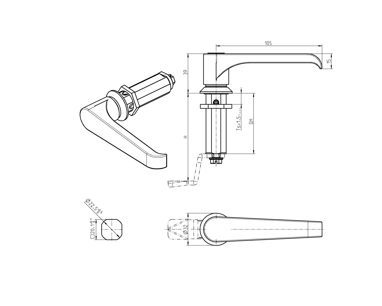 Housing with l-handle, non locking, die-cast zinc, L=105mm, GH=40mm, plate thickness=1,5-30mm