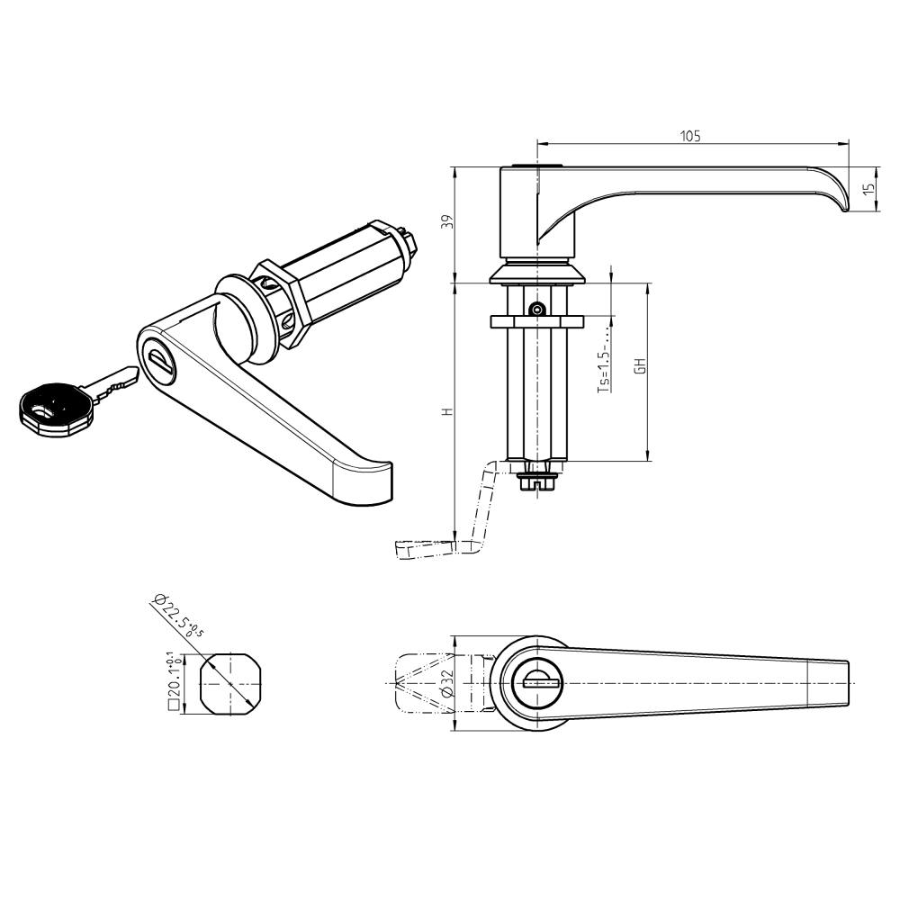 Housing with l-handle, keyed different, die-cast zinc, L=105mm, GH=40mm, plate thickness=1,5-30mm