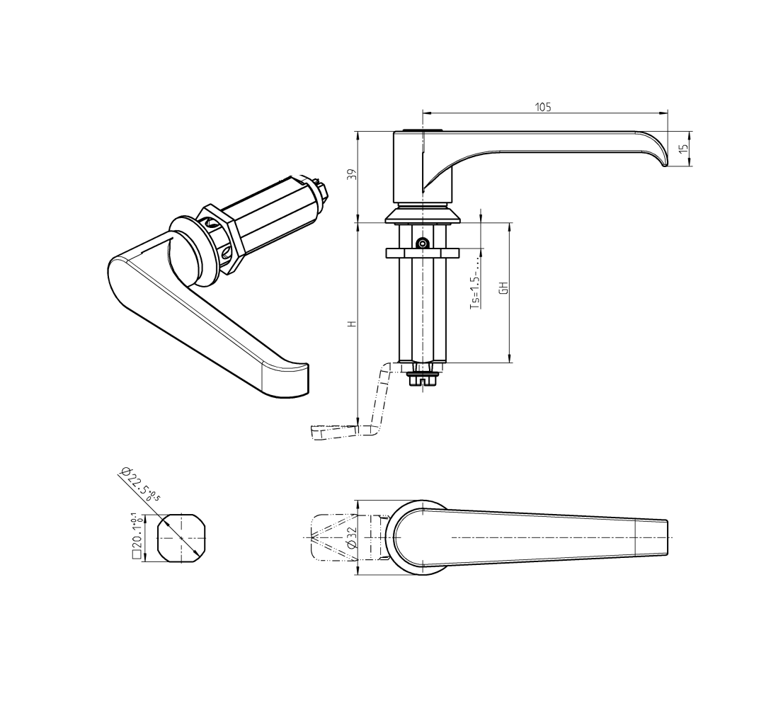 Housing with l-handle, non locking, die-cast zinc, L=105mm, GH=50mm, plate thickness=1,5-40mm