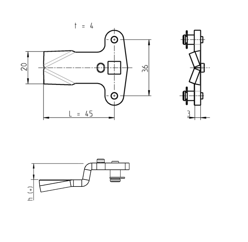 Cam, rod control, stainless steel, L=45, B=20, offset height=10 mm