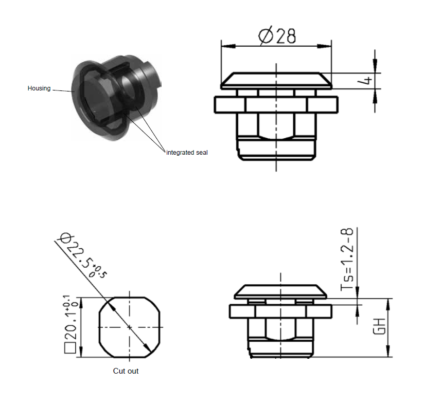 Housing, standard, glass fiber reinforced polyamide, D=28, GH=18, plate thickness=1,2-8 mm