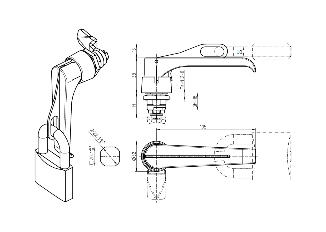 Housing with l-handle, padlock, die-cast zinc, L=105mm, GH=18mm, plate thickness=1,2-8mm